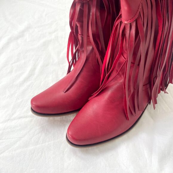 NEW Western Burgundy Red Faux Leather Fringe Mid Calf Cowboy Boots US 8.5 - Picture 3 of 8
